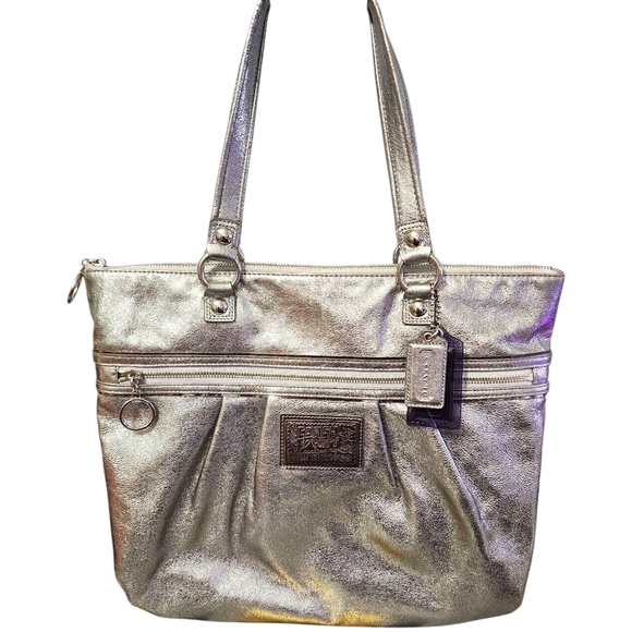 Limited Edition COACH Poppy Silver Metallic Glitter Glam Leather Tote #20361E - Picture 1 of 16